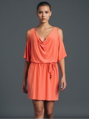 Cache Coral Orange Cold Shoulder Batwing Drape Front Dress